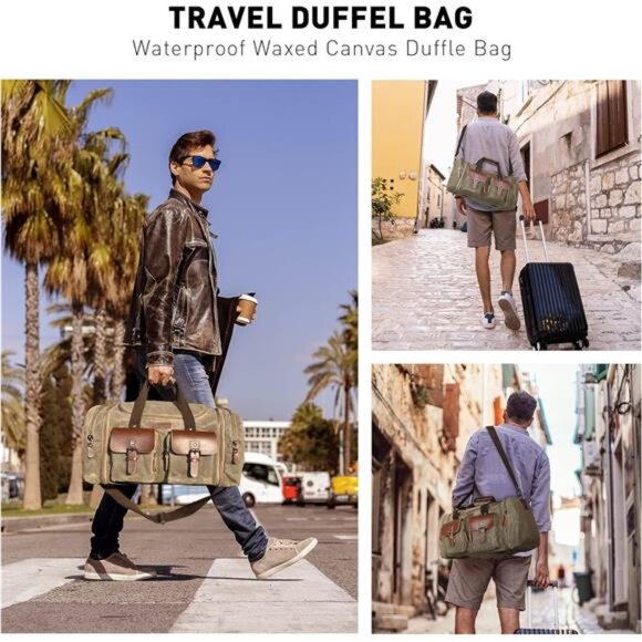 Waxed Canvas Duffle Bag - 50L Waterproof Weekender Overnight Travel - Picture 3 of 14